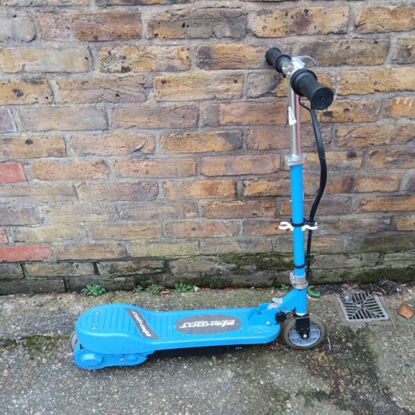 Blue Eskoot electric scooter for personal transportation.