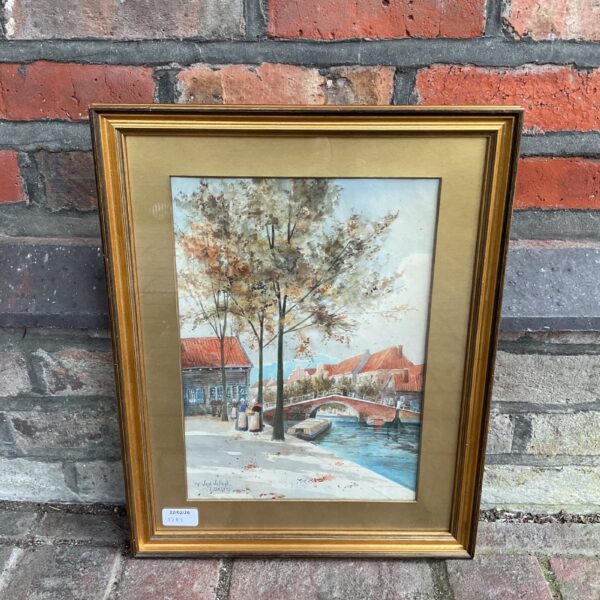 19th-century Dutch canal watercolour painting by F van Vollen of Delft.