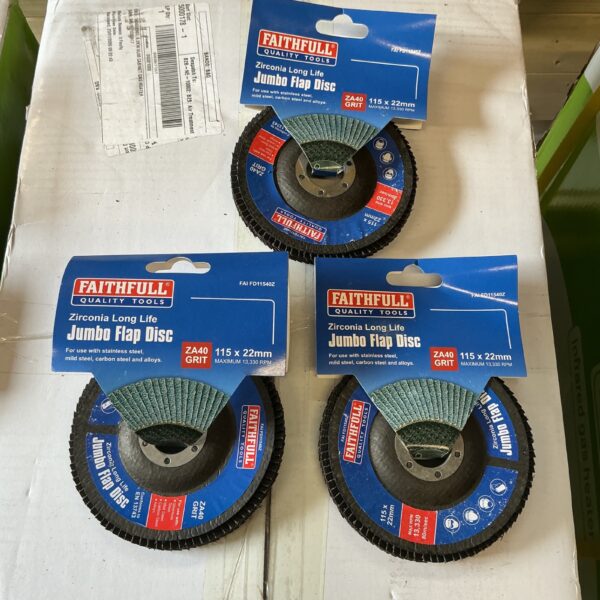 Pack of three Faithfull 115mm flap discs for metal finishing.