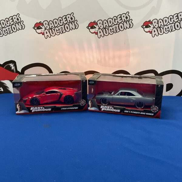 Fast & Furious diecast cars: Lykan Hypersport and Dom’s Plymouth Road Runner.