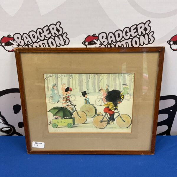 Antique Florence UpTo print of Golly and Dolly riding bicycles.