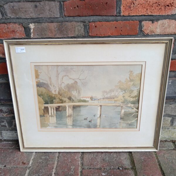 Frank Sherwin watercolour painting of a tranquil river landscape with footbridge.