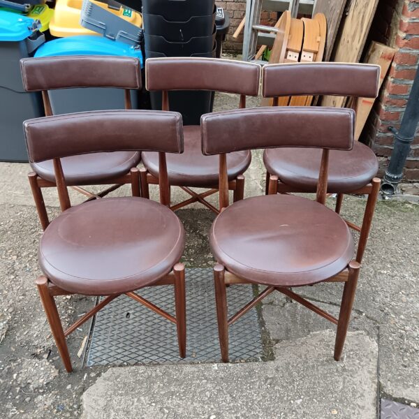 Set of five vintage G-Plan mid-century dining chairs with teak legs.