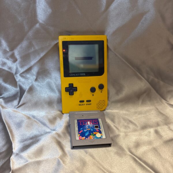 Yellow Nintendo Game Boy Pocket with Tetris cartridge.