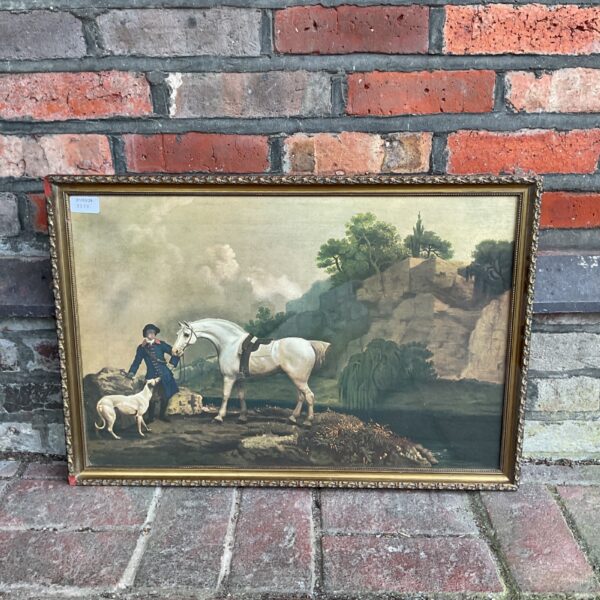 Antique George Stubbs print of a grey hunter with groom and greyhound.