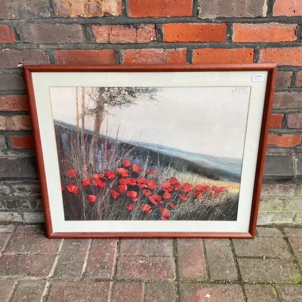 Large framed Gilbert Michaud poppy print for wall decor.