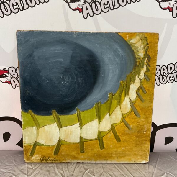Gilbert Plessier abstract oil painting on board with blue and yellow tones.