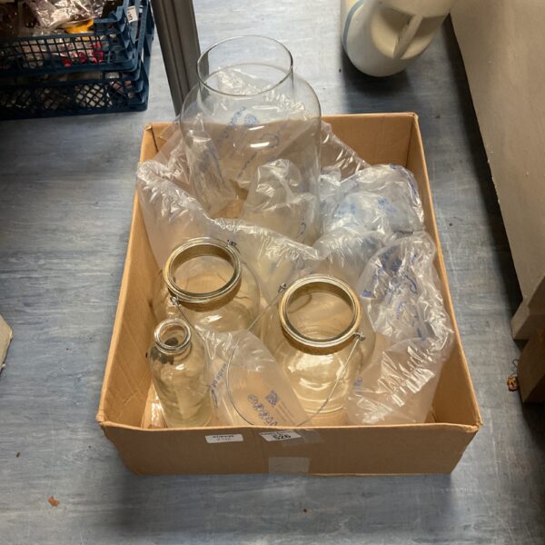 Collection of vintage glass hanging jars and a large vase.