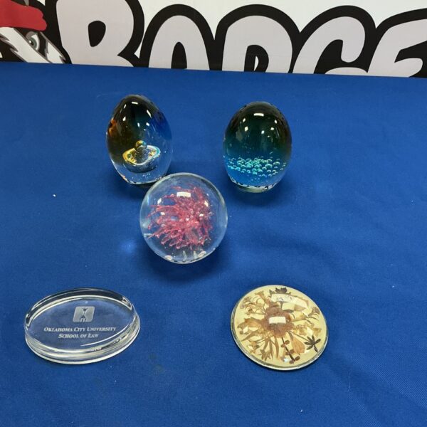 Colorful floral glass paperweight, vintage desk decor.