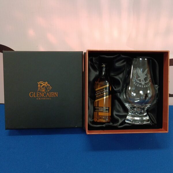 Glencairn whiskey glass and miniature Jonnie Walker Black Label bottle set.