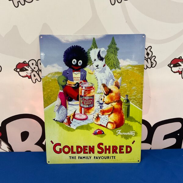 Vintage Golden Shred Golly picnic sign, colourful tin advertising.