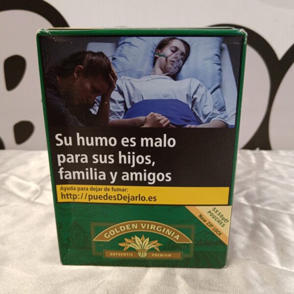 Sealed box of Golden Virginia rolling tobacco pouches.
