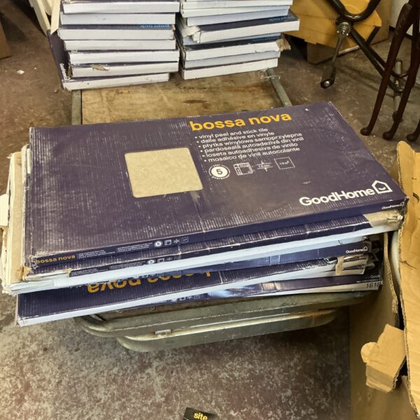 Stack of Goodhome Bossa Nova vinyl peel and stick floor tiles.