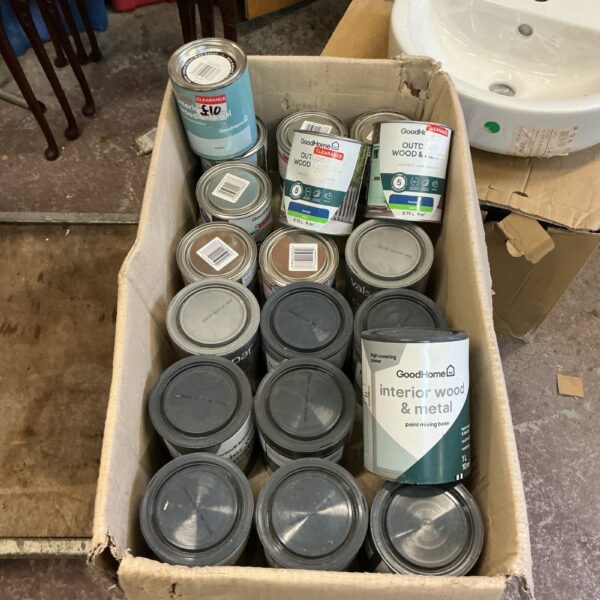 Goodhome paint lot with colour mixers for DIY projects.