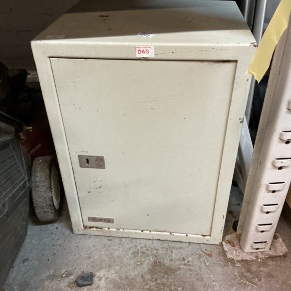 Vintage Governor strong box with key lock, metal security container.