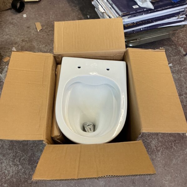 Grava Haus rimless toilet bowl packaged in cardboard box.