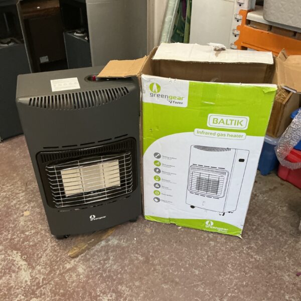 Side view of Green Gear Baltic infrared gas heater in box.