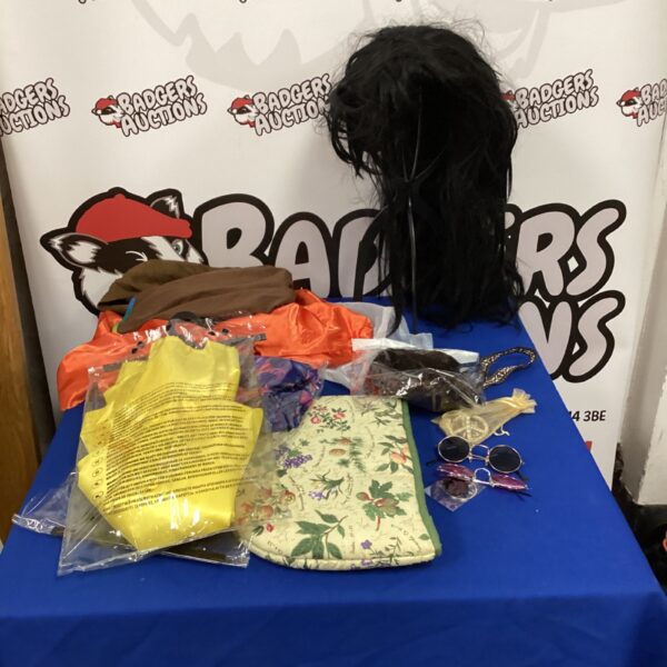 Colourful hippie fancy dress costume lot with wigs and accessories.