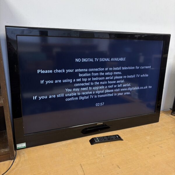 Used Hitachi 46 inch LCD television with remote control.