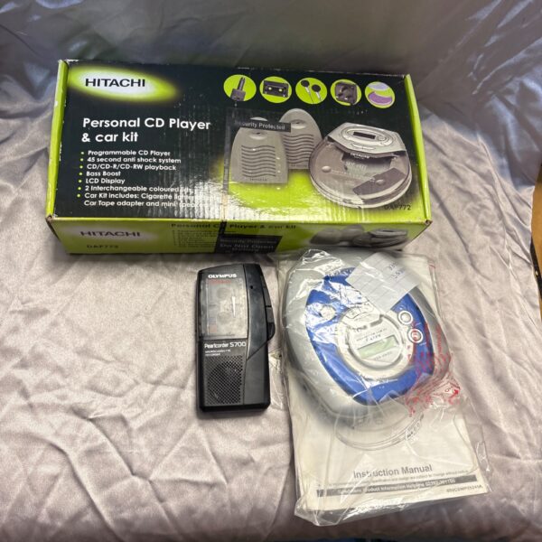 Vintage Hitachi CD player car kit with Olympus Pearlcoder recorder.