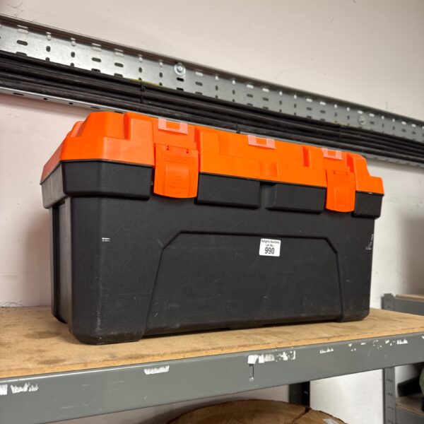 Large orange Holdon plastic tool box for tool storage.