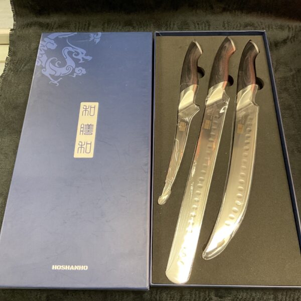 Hoshanho carving knife set with wooden handles and stainless steel blades.