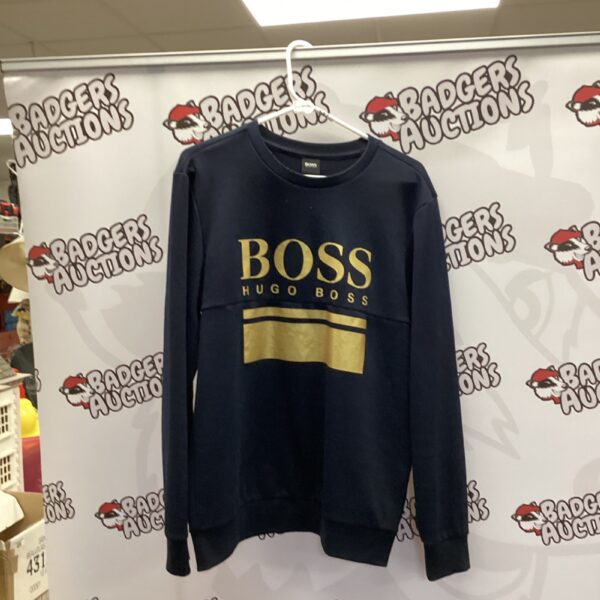 Front view of a navy blue Hugo Boss jumper with logo.