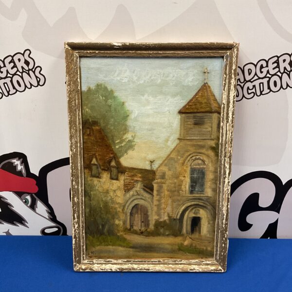 Antique oil painting of Hurley Church, Berkshire, signed by L Keelan.