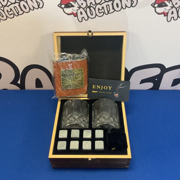 IIMY whiskey stone set with glasses and hip flask displayed.