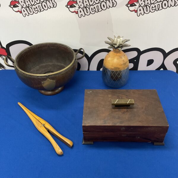 Pineapple Ice Bucket with antique Wooden Fruit bowl and glove stretchers