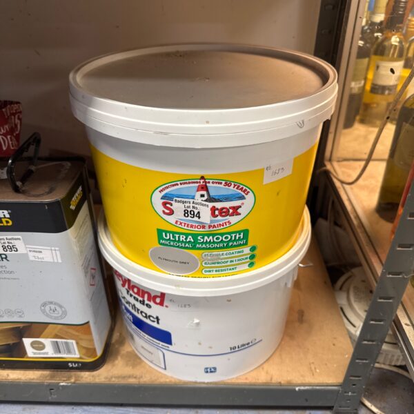 Part used tub of sandtex ultra smooth microseal masonry paint with leyland trade matt finish mercury pant - both feel half full
