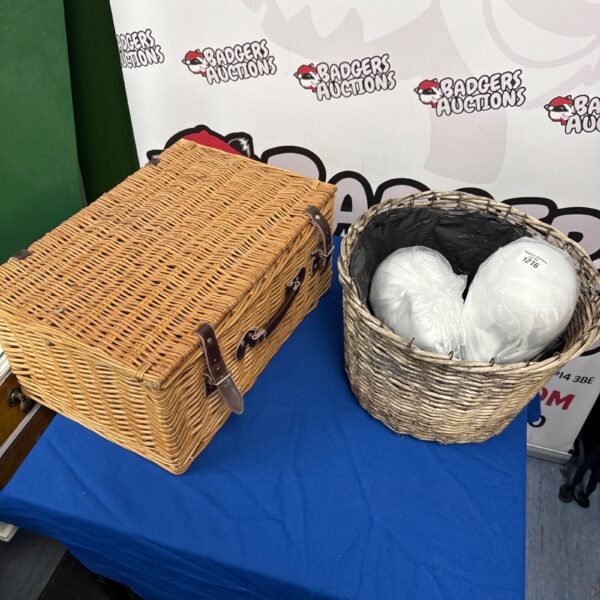 Woven basket with two styrofoam head contents & a picnic hamper basket
