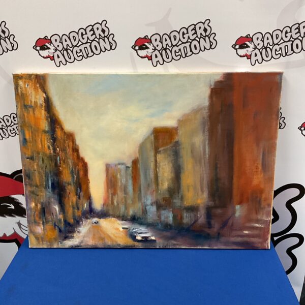 Front view of Nina Stallwood's impressionist cityscape oil painting.