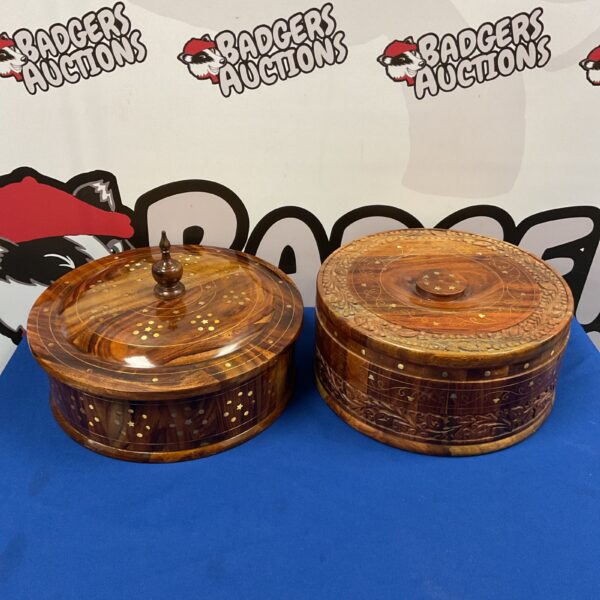Vintage Indian oak lidded pot with brass inlay detail.