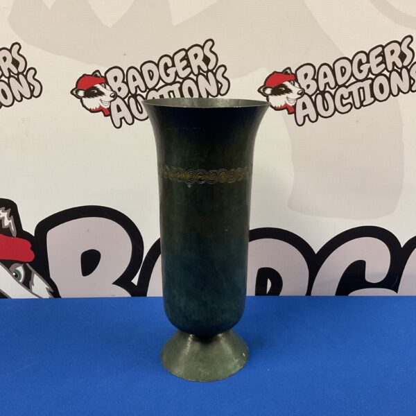 Antique Israeli bronze urn vase, 29cm tall, detailed view.