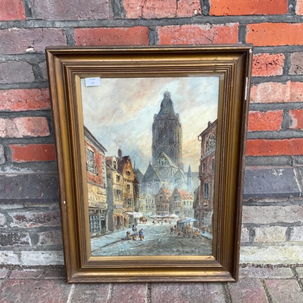 19th-century J van Stappen painting of an Oudenarde street scene with cathedral.