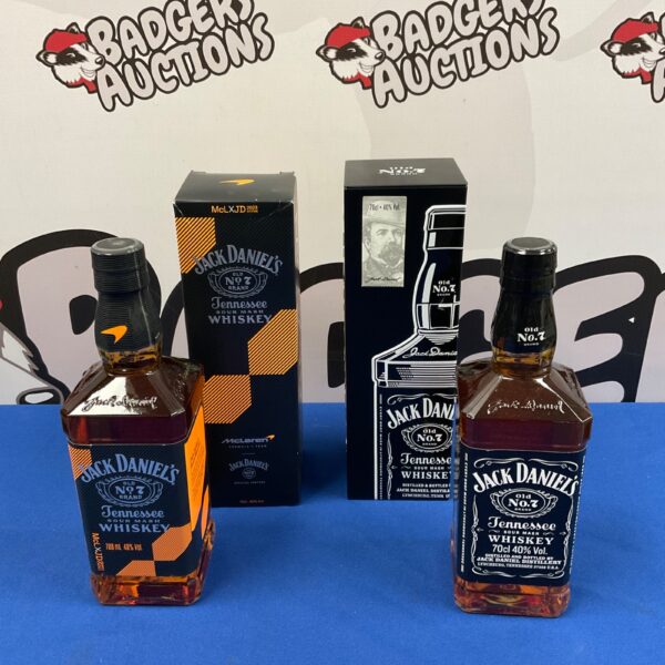 Two sealed bottles of Jack Daniel’s Tennessee whiskey for collectors.