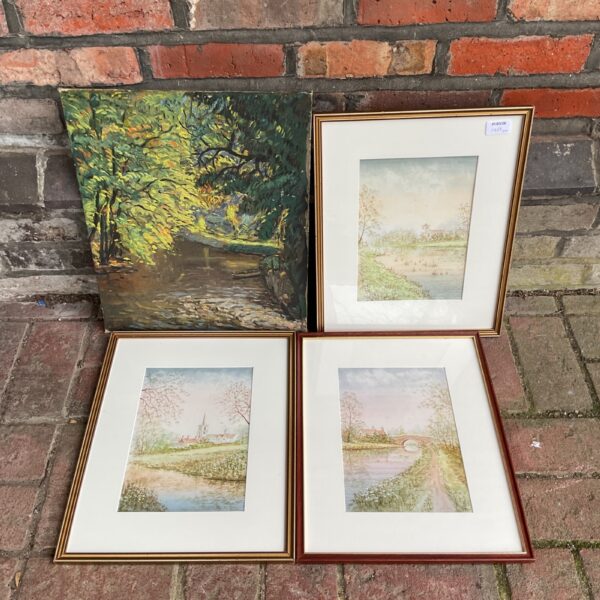 Tranquil Jack Ray watercolour painting of a country river scene.