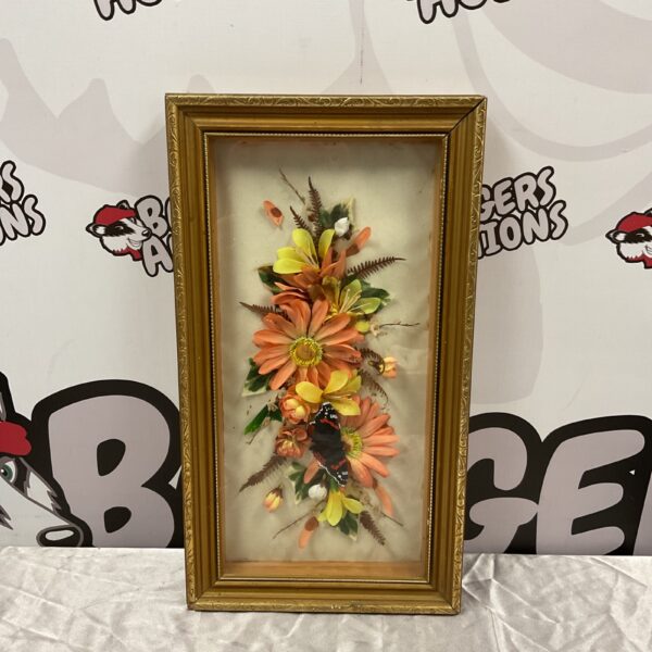 Vintage Joan Brant silk flower arrangement with butterfly in gilt frame.
