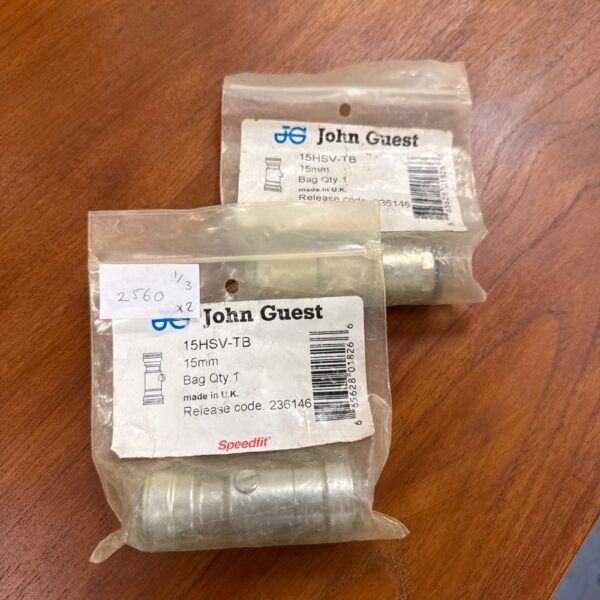 Two John Guest Speedfit 15mm stopcocks for plumbing isolation.