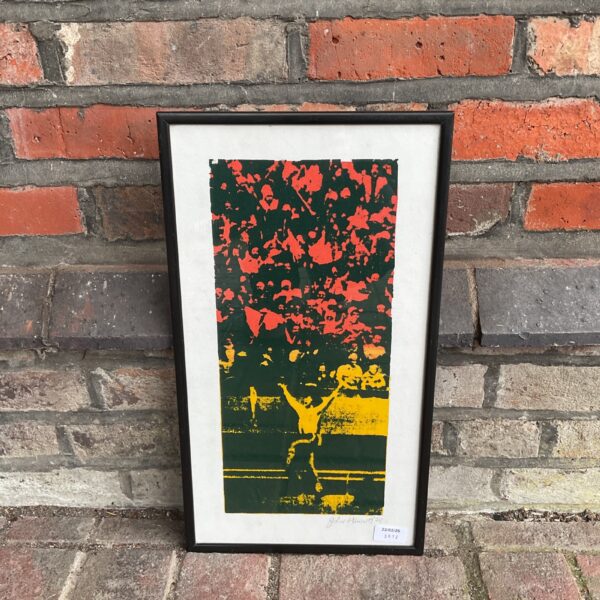 Signed John Haworth football print with vibrant colours and dynamic action.