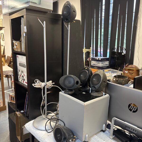 KEF PSW 2010 subwoofer and HTS2001 satellite speakers with stands.