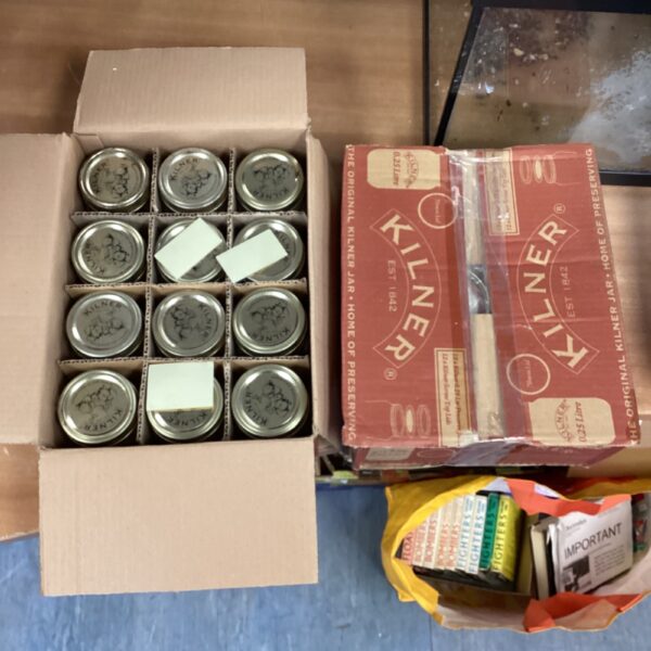 Lot of 48 vintage Kilner preserving jars in boxes.