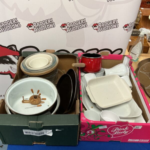 Vintage kitchen casserole dishes and serving ware collection.