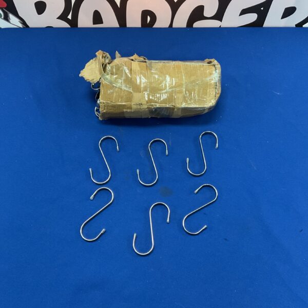 Box of metal kitchen pan hooks for cookware storage.