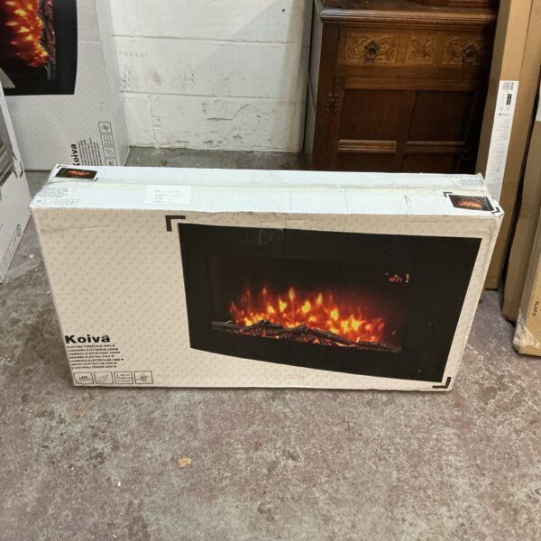 Koiva electric fireplace with LED illumination and remote control.