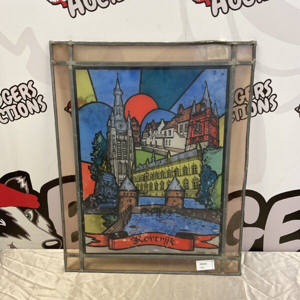 Vintage stained glass window depicting Kortrijk, Belgium city scene.