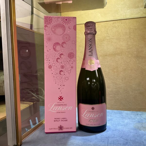 Lanson Rose Champagne bottle with pink label, French sparkling wine.