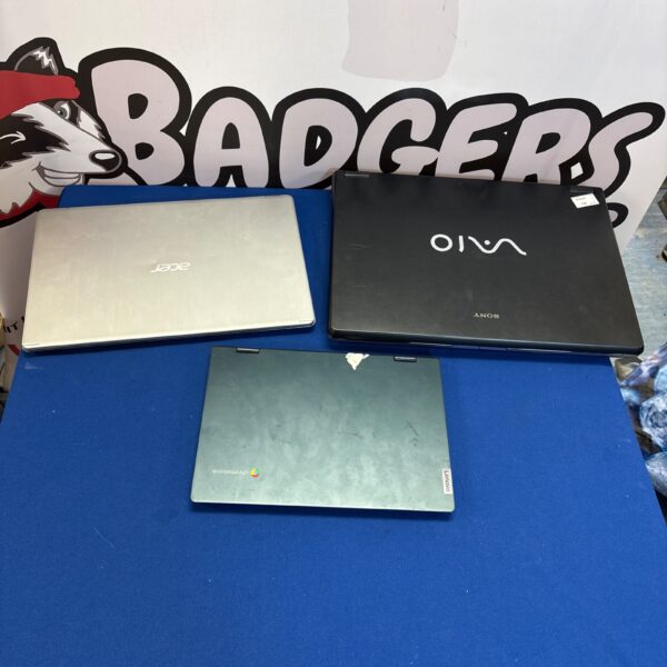 Laptop lot overview including Sony, Acer, and Lenovo.
