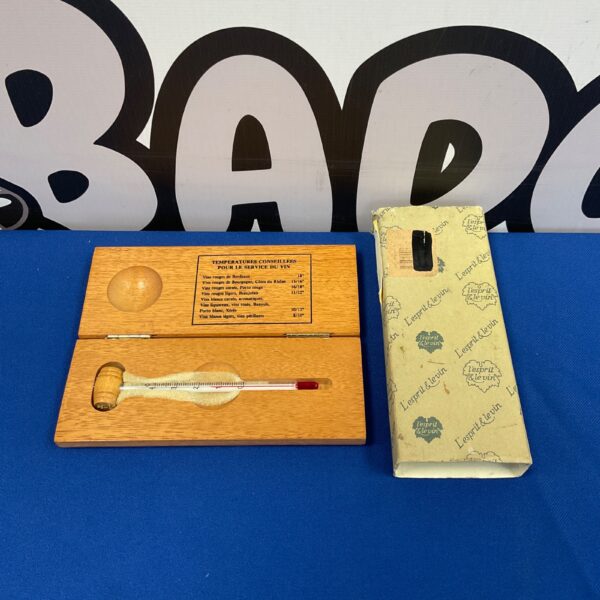 Vintage L’Esprit & Le Vin wine thermometer in wooden case.